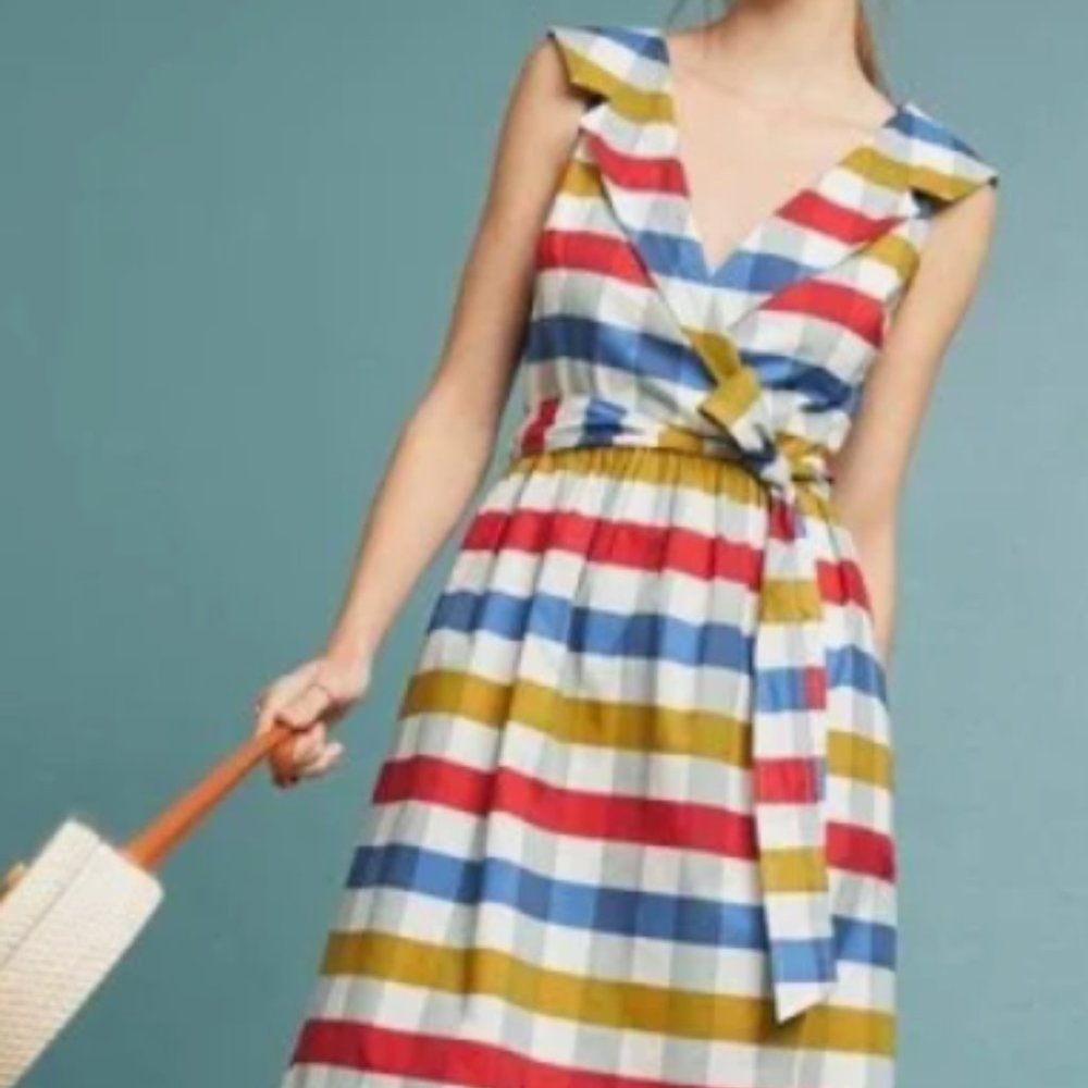 Anthropologie Maeve Gingham Cricket Colorful Plaid Belted Fit & Flare Dress OBO
